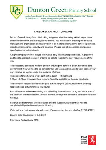  - Dunton Green Primary School - Vacancy for Caretaker