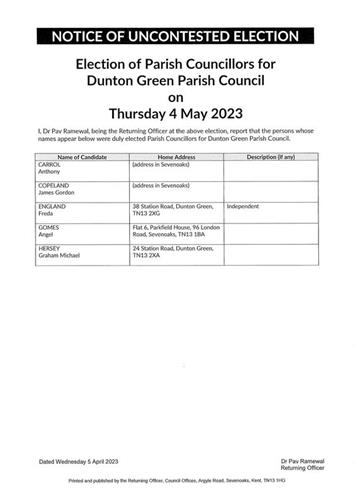  - Notice of Uncontested Election - Dunton Green Parish Council