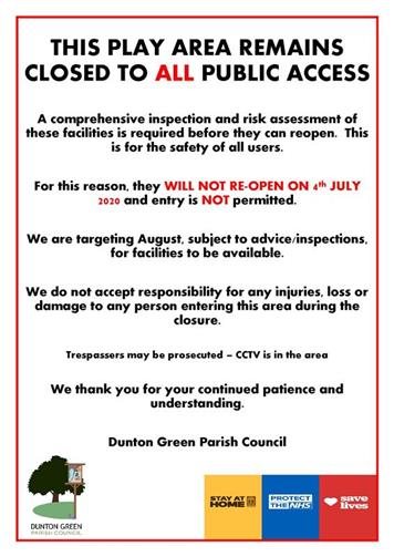  - Dunton Green Recreation Ground Play Areas Remain CLOSED