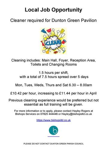  - Local Job Opportunity - Cleaner required for Dunton Green Pavilion