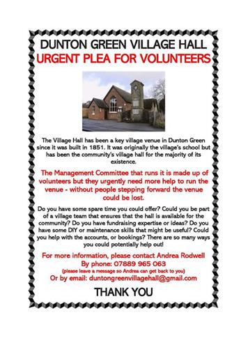  - Village Hall Volunteers Needed
