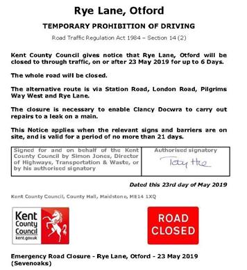 - Rye Lane - Emergency Road Closure